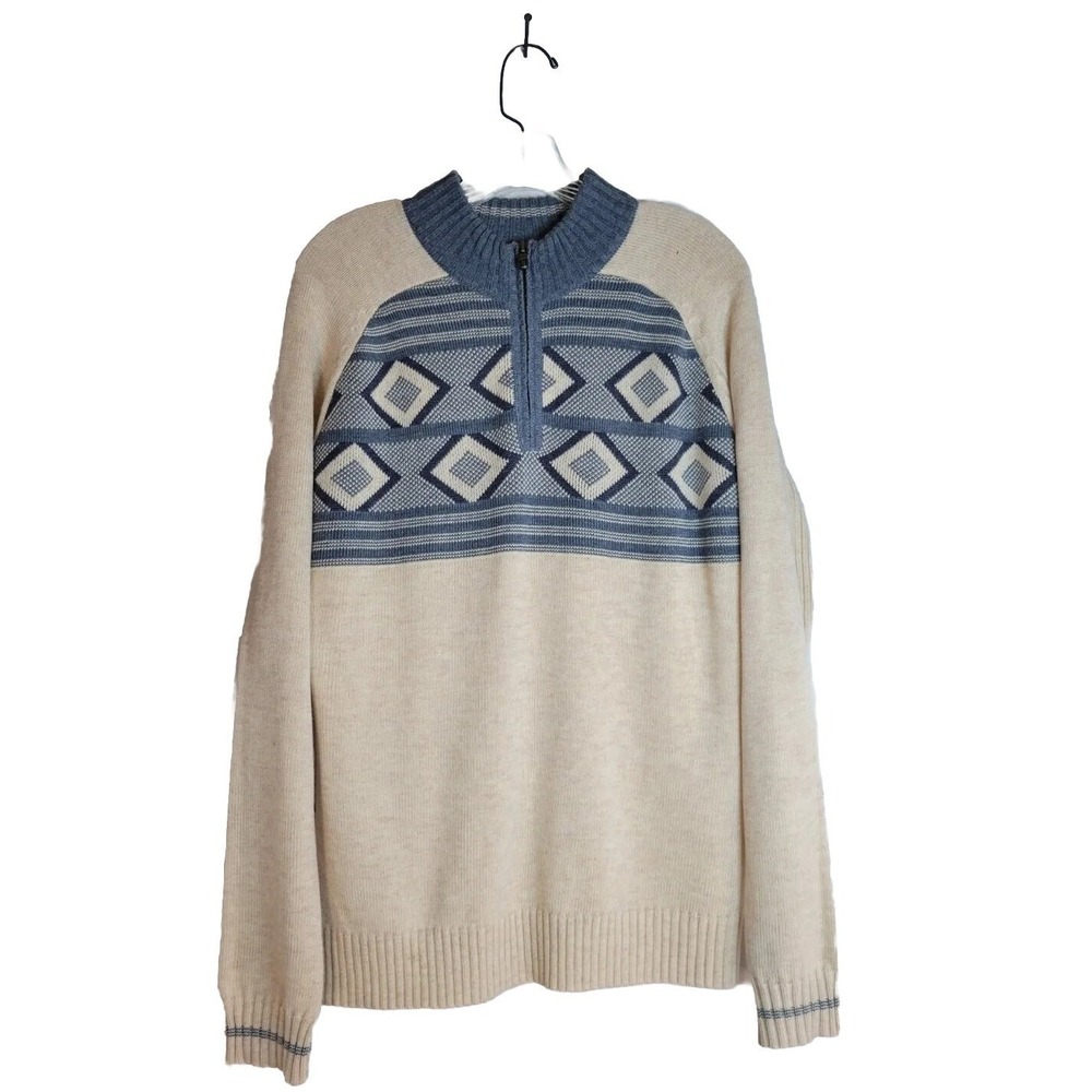 ECOTHS Mens Fair Isle Geometric Half Zip Sweater Beige Blue Size M